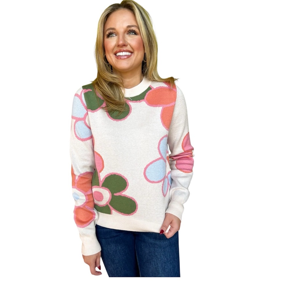 THML Cream Floral Knit Sweater Size Medium